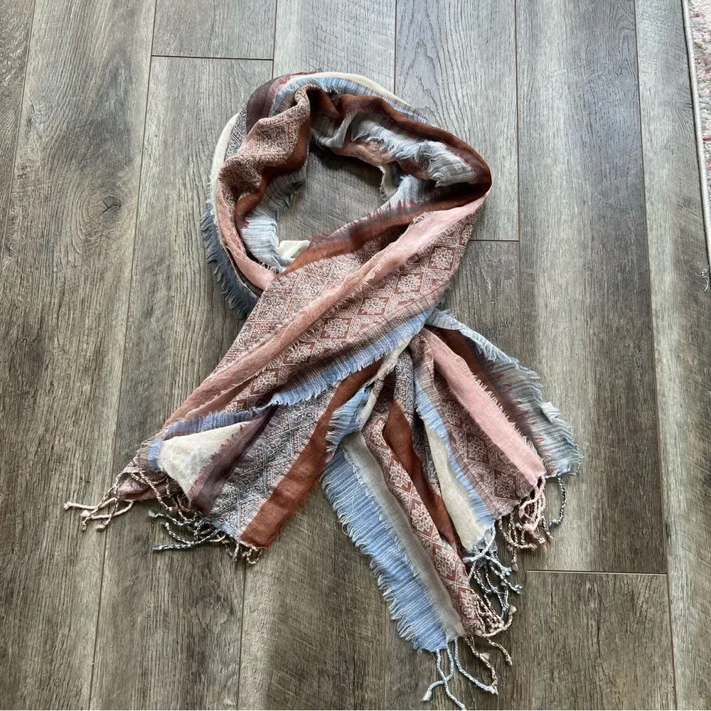 PRANA Mae Scarf Wrap Fringed Striped Tan Blue Cream Multicolored 100% Wool